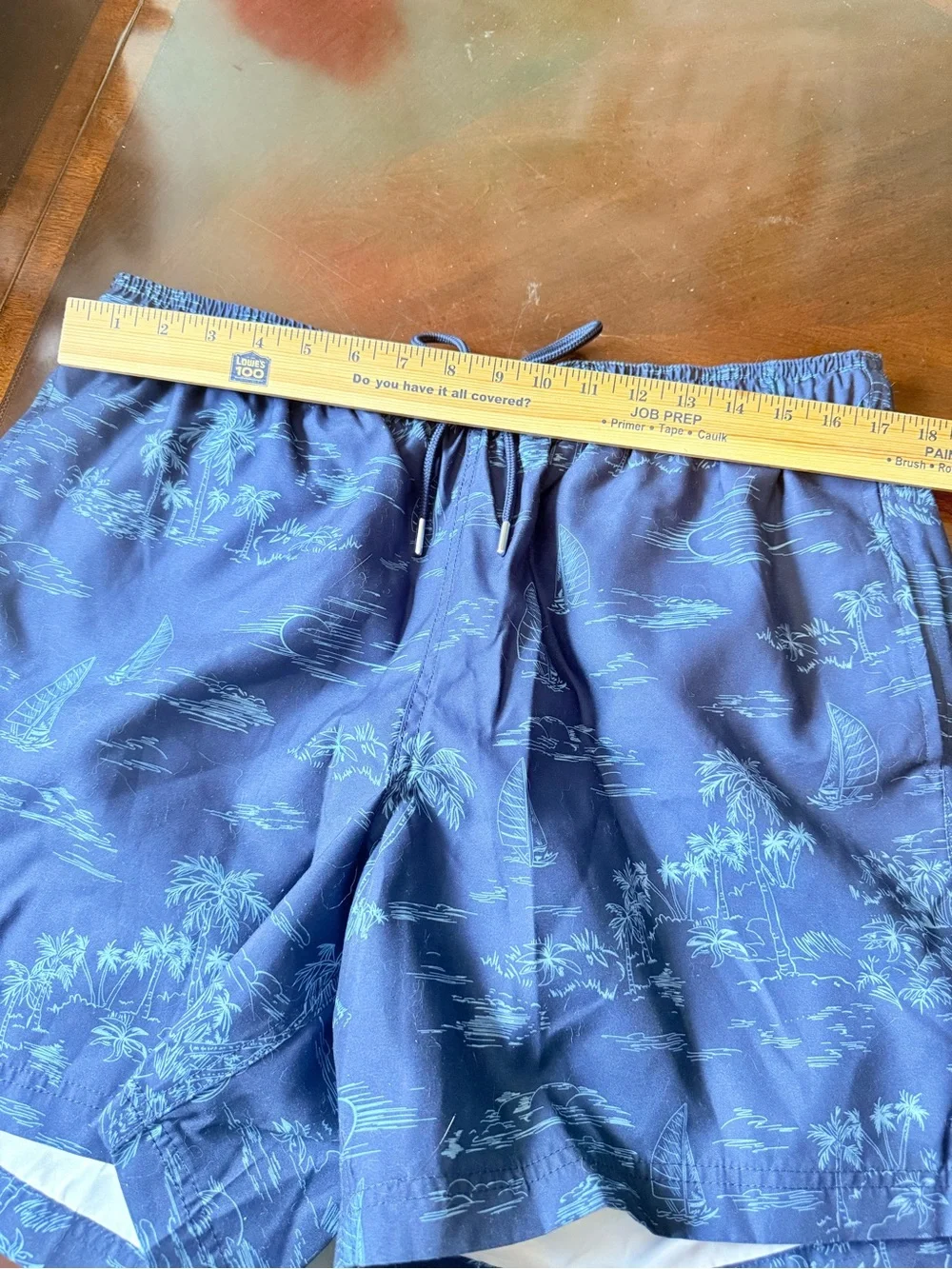 Lands End Blue Tropical Scene Palm Trees Swim Trunks Board Shorts Sz L (36-38)
